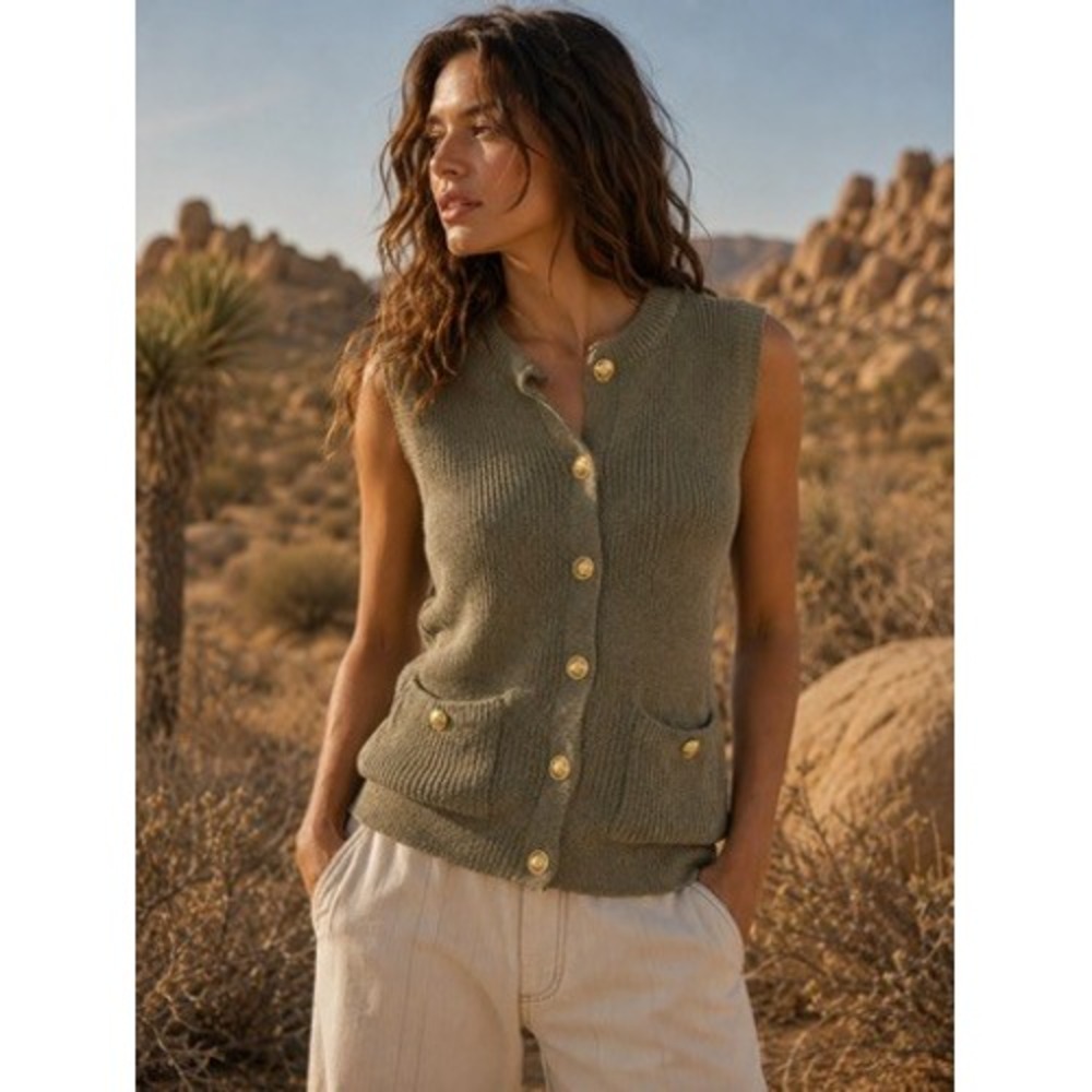 Song of Style Olive Green Knit Vest Gold Button Front Cardigan Sleeveless XS
